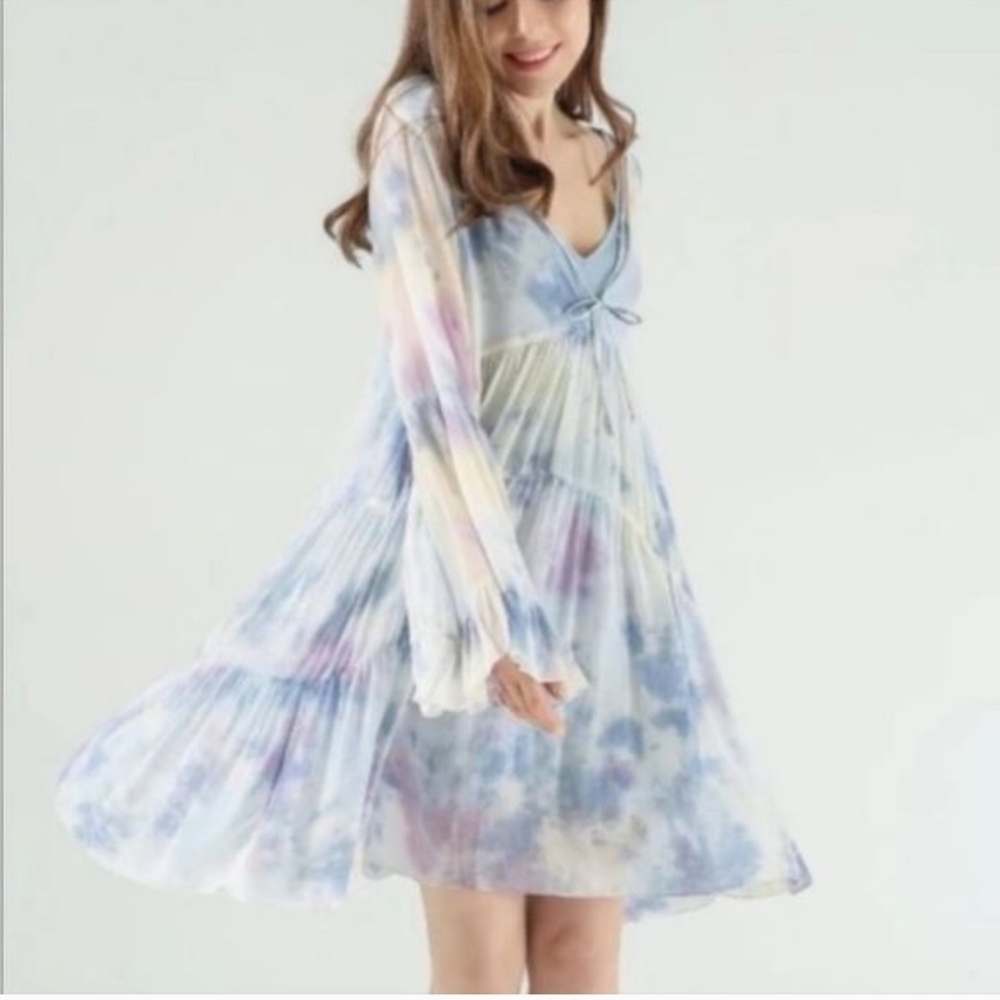 Young Fabulous Broke Sheer Tie-Dyed Mini Dress Tiered Bohemian Babydoll Bell